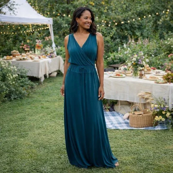 Splendid Maxi Dress Faux Wrap V Neck Drawstring Waist Romantic Flattering Waist - Picture 2 of 11